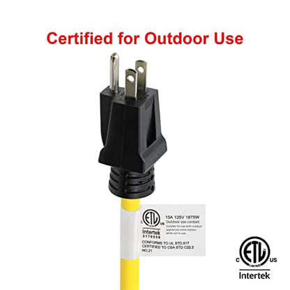 Clear Power 25 ft 14/3 SJTW 3 Outlet Heavy Duty Outdoor Extension Cord, Water, Weather & Kink Resistant, Flame Retardant, Yellow, 3 Prong Grounded Plug, CP10124