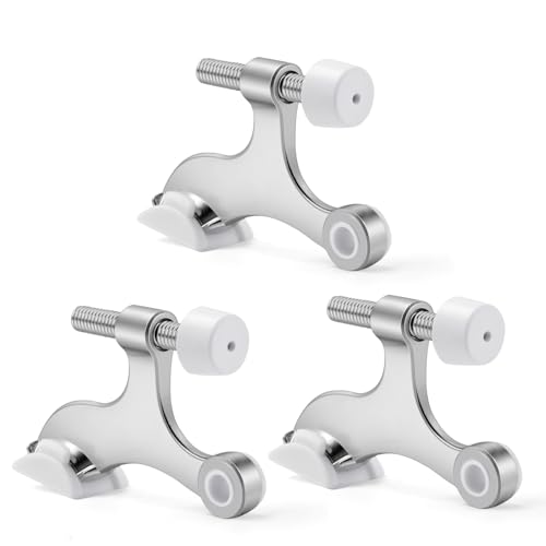 Azureal Door Stopper Hinge 3P, Adjustable Heavy Duty Hinge Door Stopper, 2-1/2" x 1-3/4'' Hinge Pin Door Stop with White Rubber Bumper Tips, Satin Nickel