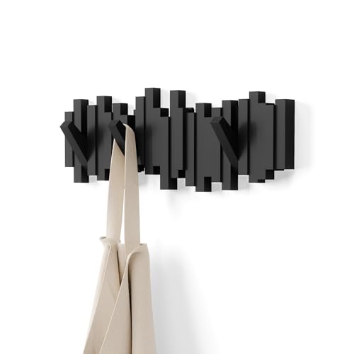 Umbra Sticks Wall-Mounted Coat Rack Rail Hook with 5 Retractable Pegs – Modern, Space-Saving Storage Organizer, Black - color: Black, size: 5-Hook