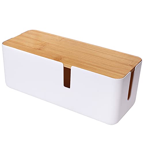 Changsuo Small Cable Management Box with Bamboo Lid for Extension Cord Power Stripe Surge Protector Wire Concealer Organizer Cover Hider (White) - color: White
