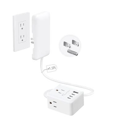 NUTICT 1.5FT Short Extension Cord with Outlet Cover, Flat Plug Power Strip with 3 Outlets & 3 USB-C & 1 USB-A Port, Wall Mountable, Flat Face Outlet Extender Hidden Behind Couch, Bed, Desk, White - size: 1.5ft