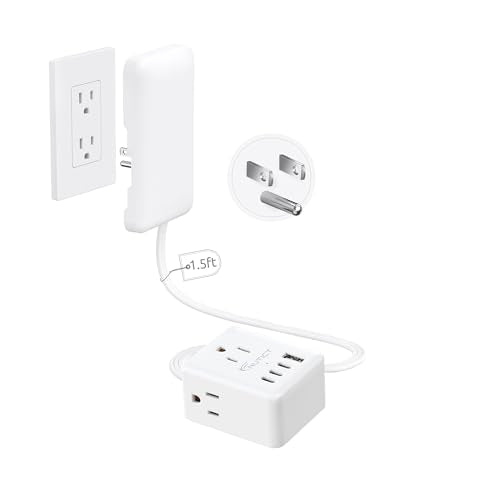 NUTICT 1.5FT Short Extension Cord with Outlet Cover, Flat Plug Power Strip with 3 Outlets & 3 USB-C & 1 USB-A Port, Wall Mountable, Flat Face Outlet Extender Hidden Behind Couch, Bed, Desk, White - size: 1.5ft