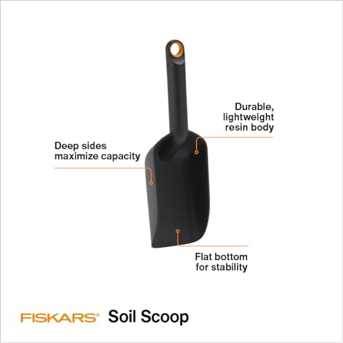 Fiskars Soil Scoop, Indoor Potting & Transplanting Tool for Medium Planters, Durable Lightweight Resin Garden Scooper with Flat Bottom & Deep Sides to Prevent Spills, 1.5 Cup Capacity, Black - style: Soil Scoop