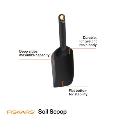 Fiskars Soil Scoop, Indoor Potting & Transplanting Tool for Medium Planters, Durable Lightweight Resin Garden Scooper with Flat Bottom & Deep Sides to Prevent Spills, 1.5 Cup Capacity, Black - style: Soil Scoop