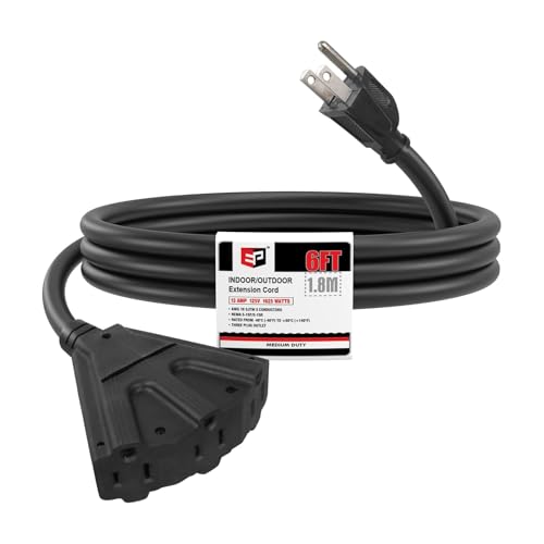 EP 6 Ft 16 Gauge Black Indoor Outdoor Extension Cord with 3 Outlets, 13A 1625W 125V, 16/3 SJTW Power Cord, 3 Prong Grounded Plug for Lights, Garden and Major Appliances, ETL Listed - color: Black, size: 6ft