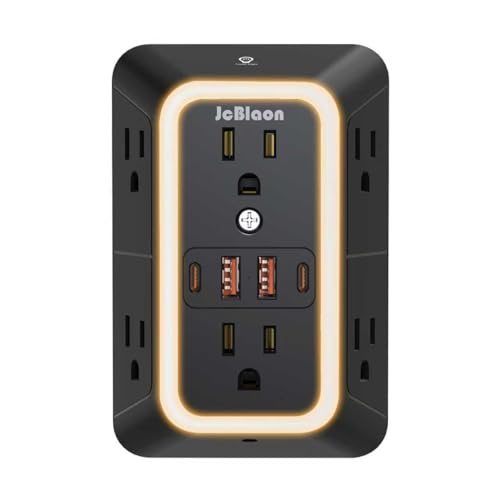 Wall Outlet Extender with Night Light, Power Plug Adapter 6 Outlet Extender with 4 USB Charging Ports（2 USB C）,1050J Power Strip Multi Plug Adapter Spaced for Home Office Travel-Black - color: Black-1Pcs