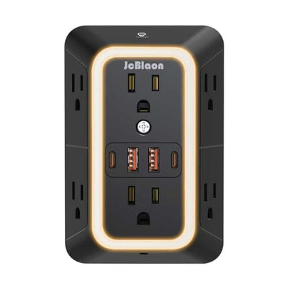 Wall Outlet Extender with Night Light, Power Plug Adapter 6 Outlet Extender with 4 USB Charging Ports（2 USB C）,1050J Power Strip Multi Plug Adapter Spaced for Home Office Travel-Black - color: Black-1Pcs