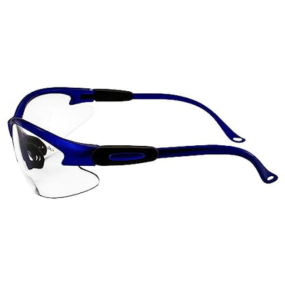 Global Vision Contender Bifocal Safety Glasses Blue Frame Clear Lens ANSI Z87+ for Men and Women Magnifying Reader 1.0 to 2.5 - size: 2.00