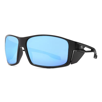 Z87 Polarized Safety Sunglasses, UV400 Wraparound Work Glasses,Protective Shades for Men Women Driving Cycling - color: Matte Black Blue Mirror
