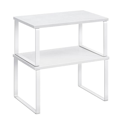 SONGMICS Cabinet Organizer Shelf, Set of 2 Kitchen Counter Shelves, Kitchen Storage, Spice Rack, Stackable, Expandable, Metal and Engineered Wood, Cloud White and Snow White UKCS02W01 - color: Cloud White + Snow White, size: 11.7"w