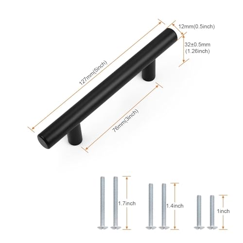 Probrico 5 Pack Holes Spacing (76mm) 3inch Black Kitchen Cabinet Handles Stainless Steel Matte Black Cabinet Pulls Round T-Shaped Pull Handle for Cabinets and Drawers Total Length 5inch(127mm) - color: Black, size: Hole Centers: 3"