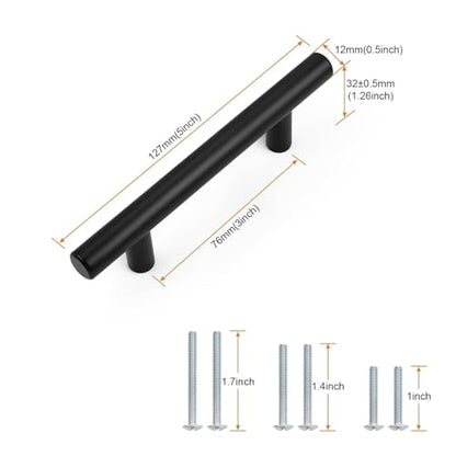 Probrico 5 Pack Holes Spacing (76mm) 3inch Black Kitchen Cabinet Handles Stainless Steel Matte Black Cabinet Pulls Round T-Shaped Pull Handle for Cabinets and Drawers Total Length 5inch(127mm) - color: Black, size: Hole Centers: 3"