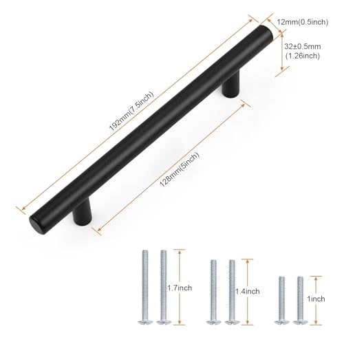 Probrico 5 Pack Holes Spacing (128mm) 5inch Black Kitchen Cabinet Handles Stainless Steel Matte Black Cabinet Pulls Round T Bar Pull Handle for Cabinets and Drawers Total Length 7.5inch(192mm) - color: Black, size: Hole Centers: 5"