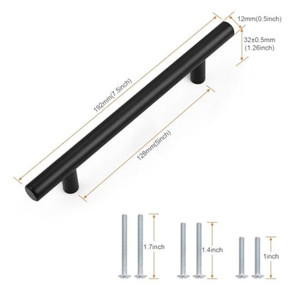 Probrico 5 Pack Holes Centers(128mm) 5Inch Flat Black Cabinet Pulls, Stainless Steel Dresser Drawer Handles, Euro T Bar 7.5inch Length Pull Handle for Kitchen Cabinets - size: Center to Center: 5 inch