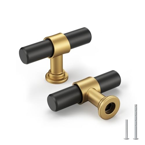 goldenwarm 10 Pack Black and Gold Cabinet Knobs Black Cabinet Knobs Gold Drawer Handles Kitchen Dresser Handles Modern T Bar Hardware for Cupboard Bedroom - color: Black&Gold, size: Knobs