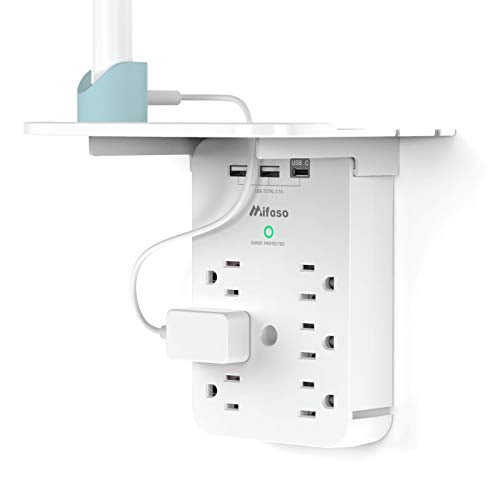 Wall Outlet Extender with Surge Protector, 6 AC Outlets, Shelf, 2 USB & USB C Charging Ports - Home & Dorm Plug Expander - color: White, size: 3 USB