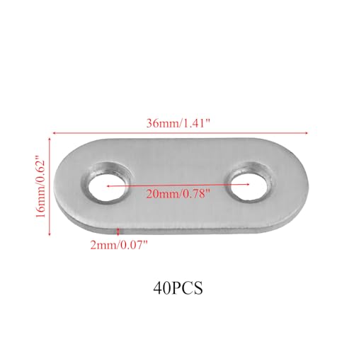 Woogim 40PCS Flat Straight Brace Stainless Steel Flat Plate Straight Brackets Furniture Repair Connecting Plate for Bookshelf, Table and Chair Repair,1.41"*0.62"/36 * 16mm-2 Holes Screws Included