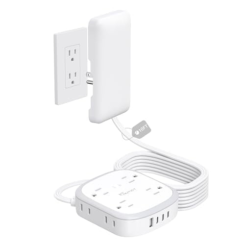 NUTICT Outlet Cover Extension Cord, Flat Plug Power Strip 10ft, 8 Outlets (4-2Pin)& 4 USB Ports (3 USB C), 13A/1625W, 1440J Surge Protector, Wall Mountable, Ideal for Home Improvement, Tight Spaces - size: 10FT (4-2 Prong Outlets)