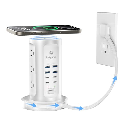 Kakyanill 30W USB Charging Station, Surge Protector Power Strip Tower, 9 AC Outlets with 8 USB Ports(4 USB-C), 6Ft Flat Plug Retractable Extension Cord, for Home Office Dorm, White - color: White&Grey