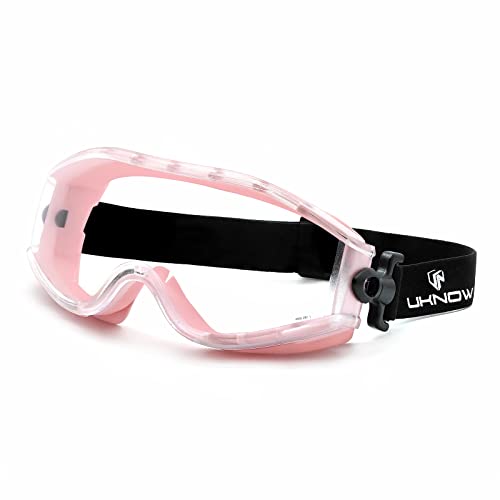 UKNOW Safety Goggles Over Glasses - Anti-Fog Clear Lens - ANSI Z87.1 Certified Eye Protection for Lab Work, Industrial Use - color: Pink