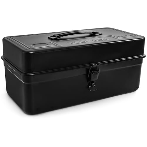 Tosnail Metal Tool Box, 14" Portable Empty Toolbox with Handle, Latch Closure and Removable Divided Storage Tray, Heavy Duty Craftsman Tools Organizer, Black
