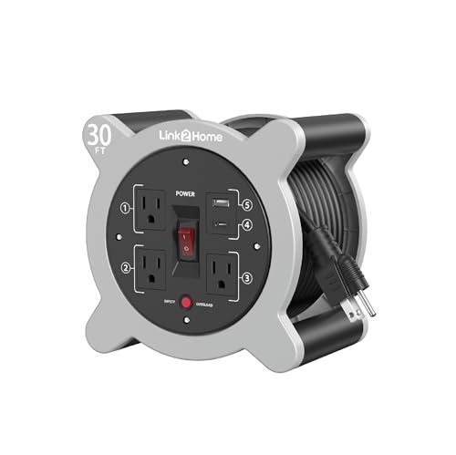 Link2Home Cord Reel 30 ft. Extension Cord 3 Power Outlets, 2 USB Ports A/C, 2.4A Fast Charge – 16 AWG SJT Cable.