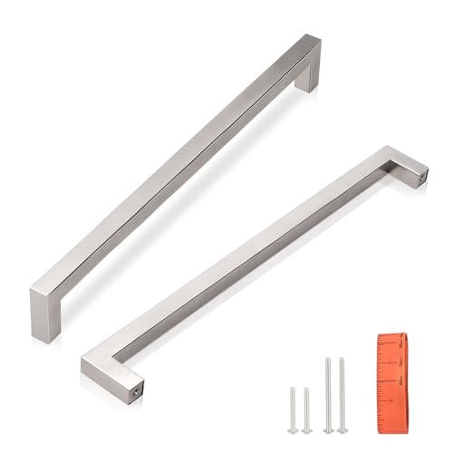 KNOBWELL 6 Pack 10 inch Modern Kitchen Cabinet Handles, Euro Style Square Brushed Nickel Drawer Pulls Vanity Cupboard Handles, Overall Length 10-1/2" - color: Brushed Nickel, size: Hole Center:10 inch(256mm)