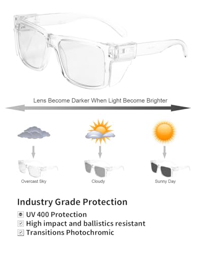 UV400 Bluelight Transition Photochromic Safety Glases Anti Scratch and Impact Resistant,Meets ANSI Z87.1 Standard - color: Glossy Clear