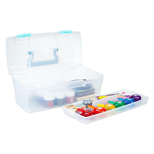 ArtBin 6937AG Essentials Lift-Out Tray Box, Portable Art & Craft Organizer with Handle and Tray, Clear/Aqua