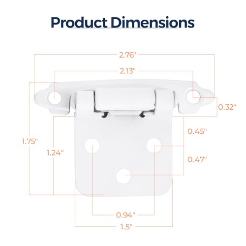 4 Pack (2 Pairs) White Cabinet Hinges for Kitchen Doors, Self-Closing, 1/2 Inch Overlay (Variable), Semi-Concealed Face Frame, Surface Mount Cabinet Hardware - color: White