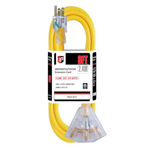 EP 8 Ft 12 Gauge Heavy Duty Extension Cord, 15A 125V 1875W, 3 Outlet Indoor/Outdoor Power Cord with Lighted End, 12/3 SJTW Weatherproof Yellow - color: Yellow, size: 8ft