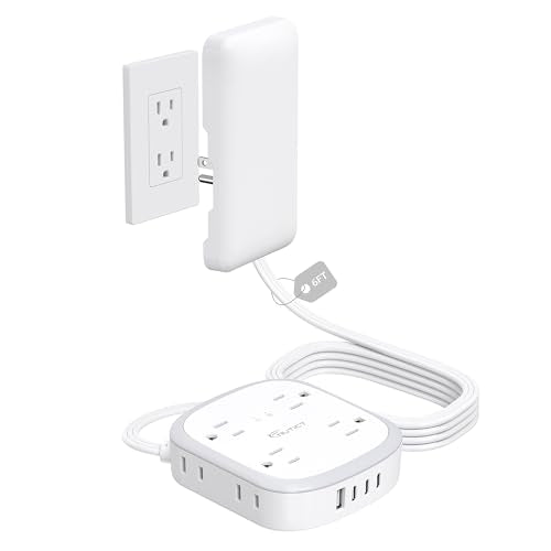 NUTICT Outlet Cover Extension Cord, Flat Plug Power Strip 6ft, 8 Outlets (4-2Pin)& 4 USB Ports (3 USB C), 13A/1625W, 1440J Surge Protector, Wall Mountable, Ideal for Home Improvement, Tight Spaces - size: 6FT (4-2 Prong Outlets)