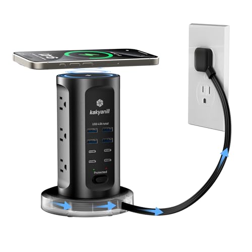 Kakyanill 30W USB Charging Station, Surge Protector Power Strip Tower, 9 AC Outlets with 8 USB Ports(4 USB-C), 6Ft Flat Plug Retractable Extension Cord, for Home Office Dorm, Black - color: Black&Grey