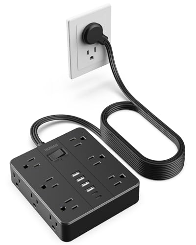 Power Strip Surge Protector, Flat Extension Cord Indoor 20 Feet, HUNIAN 12 Widely Spaced Outlets with 6 USB Charger (2 USB C Ports), Desk Charging Station for Home Office Supplies, Dorm Room, Black - color: Black, size: 20ft