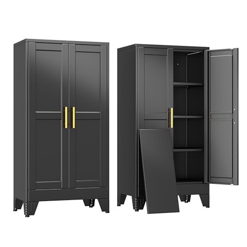 erosoei 47" H Metal Garage Storage Cabinet, Black Metal Pantry Cabinet with 2 Doors, Locker Steel Cabinet with 3 Adjustable Shelves, Freestanding Cupboard for Garage,Office,Home,Gym,School - color: Black, size: 47"No wheels, no locks