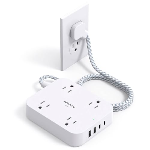 Surge Protector Power Strip, HANYCONY 5Ft Extension Cord with 4 USB Ports(2 USB C), 4 Widely Outlets Extender, Wall Mount, Desk Charging Station for Office School Travel College Dorm Room Essentials - color: White(with Surge), size: 5 Ft
