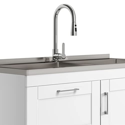 SIMPLIHOME Modern Wide Shaker All-in-One 46 inch Wide Utility Sink and Laundry Cabinet in Pure White Finish, Transitional Stainless Steel Sink Cabinet for Laundry Rooms with High-Arch Chrome Faucet - color: White, size: 46 inch