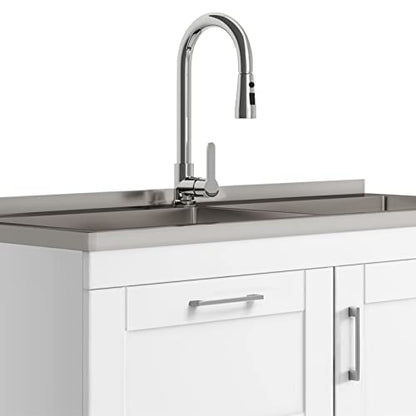 SIMPLIHOME Modern Wide Shaker All-in-One 46 inch Wide Utility Sink and Laundry Cabinet in Pure White Finish, Transitional Stainless Steel Sink Cabinet for Laundry Rooms with High-Arch Chrome Faucet - color: White, size: 46 inch