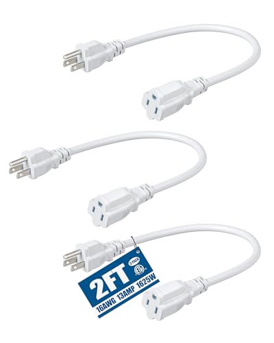 DEWENWILS 3-Pack 2FT Heavy Duty Extension Cord, 16 AWG SJTW Weatherproof Power Cable for Indoor, 3-Prong Grounded Plug for Holiday Decor/Home/Garden, ETL Listed, White - color: White, size: 2 feet