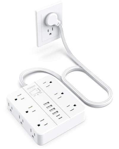 Surge Protector Power Strip, HUNIAN 5 Ft Flat Plug Extension Cord with 12 Widely Spaced Multiple Outlets 6 USB (2 USB C Ports), Outlet Extender with Power Switch for Home Office Supplies, White - color: White, size: 5FT