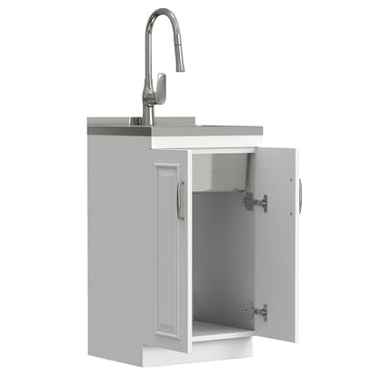 SIMPLIHOME Darwin All-in-One 20 inch Wide Utility Sink and Laundry Cabinet in Pure White Finish, Transitional Stainless Steel Sink Cabinet for Laundry Rooms with High-Arch Chrome Faucet and Storage - size: 20 Inch, style: Stainless Steel Sink