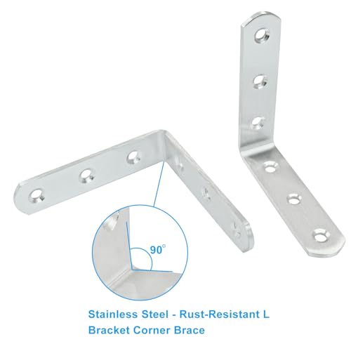 4 Pcs Stainless Steel Corner Brace L Bracket, 3*3*0.8 inch / 80*80*20mm Iron Right Angle Brackets, Metal Joint Right Angle Bracket for Tables, Furniture, Shelves with Screws - size: 3"- 80mm-Silver
