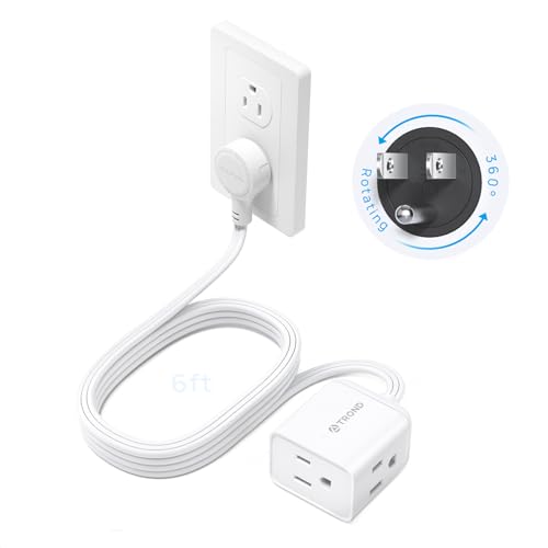 TROND Flat Extension Cord 6ft with 360° Rotating Plug, ETL Listed 3 Prong Power Strip, Low Profile Three Outlets, 13A, SPT 16/3 Gauge, Small for Tight Spaces Indoor Home Office Cruise Travel, White - color: White, size: 6 Ft, style: No Surge Protection