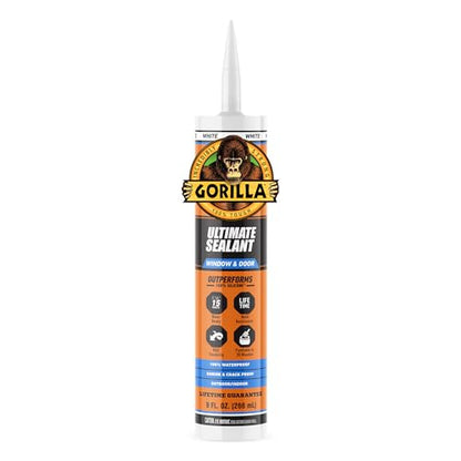 Gorilla Ultimate Sealant Window & Door Caulk, Paintable & Waterproof, 9 oz Cartridge, White