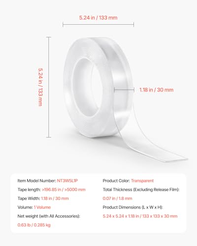 VEVOR Double Sided Tape Heavy Duty, 16 ft Long Nano Mounting Tape, Strong Adhesive & Reusable, Clear Two Sided Wall Tape, Removable Poster Picture Hanging Strips for Home, Office, Car, Outdoor Use - style: 1 Pack