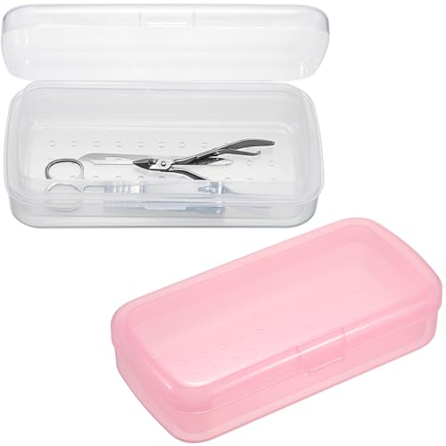 JUXYES 2 PCS Plastic Sterilizing Tray for Nail Art Accessories Tools, Portable Nail Art Tool Sterilizer Tray with Strainer, Fully Transparent Storage Box Organizer for Tweezer Manicure Tools - color: Pink+Clear, size: Pack of 2