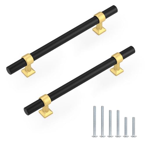 5Pack Hole Centers 5inch(128mm) Black Cabinet Handles with Brushed Brass Base T Shaped Kitchen Cabinet Pulls Hardware Pull Handle for Cabinets Dressers 7.5inch Total Length - color: Black with Brushed Brass Base, size: Hole Centers: 5inch