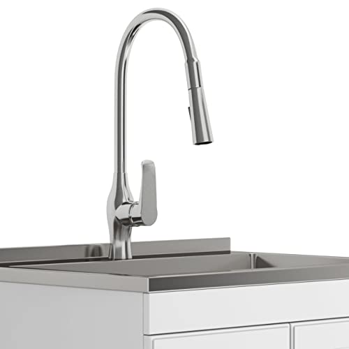 SIMPLIHOME Lawrence All-in-One 28 inch Wide Utility Sink and Laundry Cabinet in Pure White Finish, Transitional Stainless Steel Sink Cabinet for Laundry Rooms with High-Arch Brushed Nickel Faucet - size: 28 inch