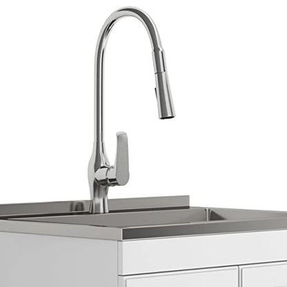 SIMPLIHOME Lawrence All-in-One 28 inch Wide Utility Sink and Laundry Cabinet in Pure White Finish, Transitional Stainless Steel Sink Cabinet for Laundry Rooms with High-Arch Brushed Nickel Faucet - size: 28 inch