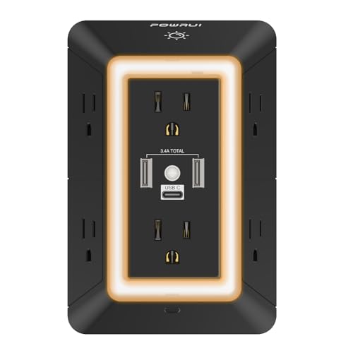 Outlet Extender Power Strip, POWRUI 6 AC Surge Protector Outlets with 3 USB Ports (1 USB C) and Night Light, 3-Sided Multi Plug Wall Outlet with Spaced Outlets - Black, ETL Listed - color: Black, size: 2U1C